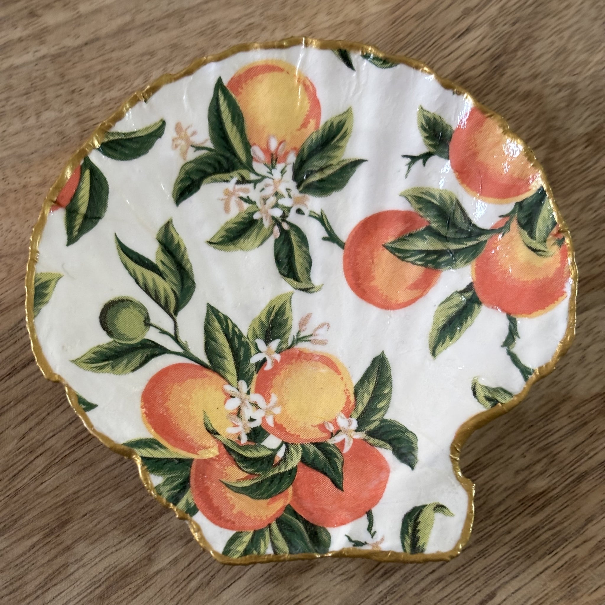 Decoupaged Scallop Shell Jewelry/Trinket Dish - Peaches