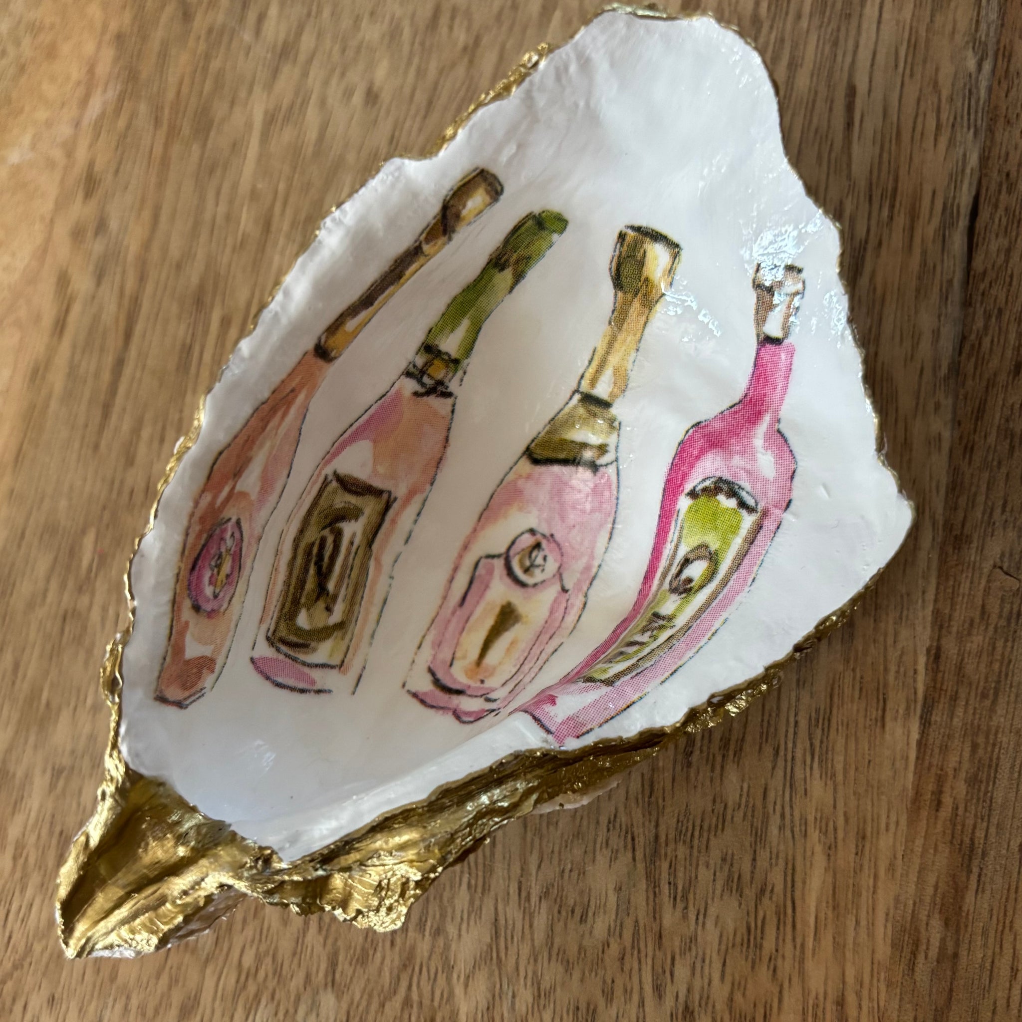 Decoupaged Oyster Shell Jewelry/Trinket Dish - Champagne Bottles