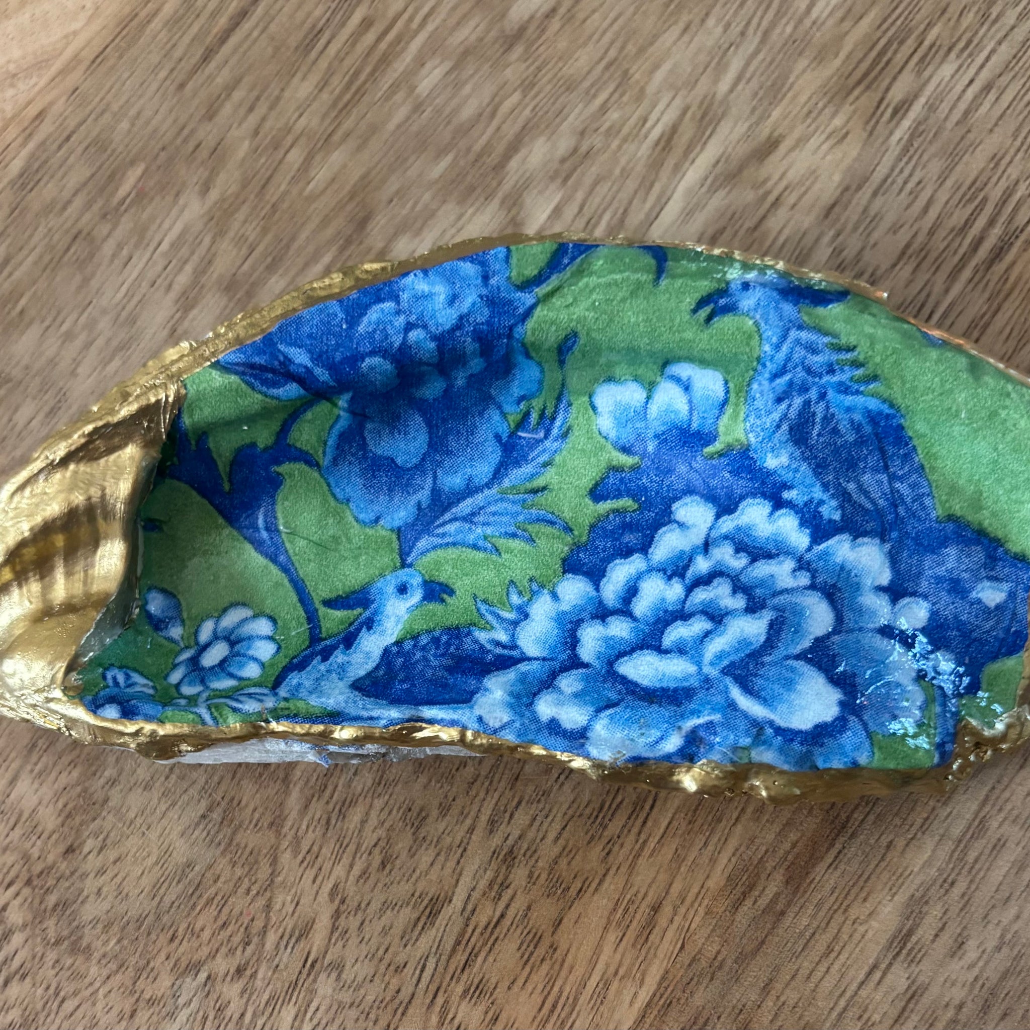 Decoupaged Oyster Shell Jewelry/Trinket Dish - Blue & Green Chinoiserie (Birds)