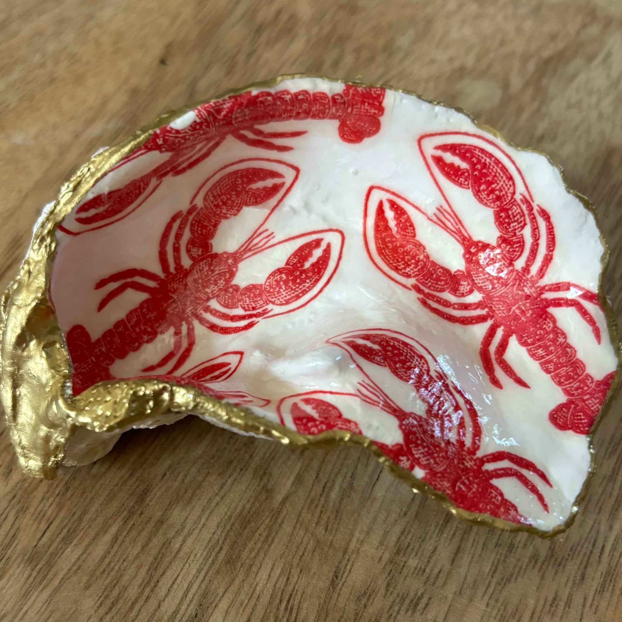 Decoupaged Oyster Shell Jewelry/Trinket Dish - Lobsters