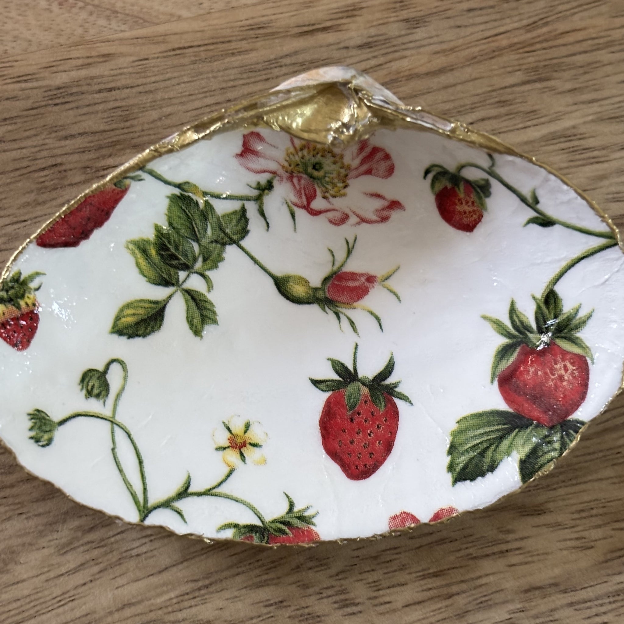 Decoupaged Clam Shell Jewelry/Trinket Dish - Strawberries