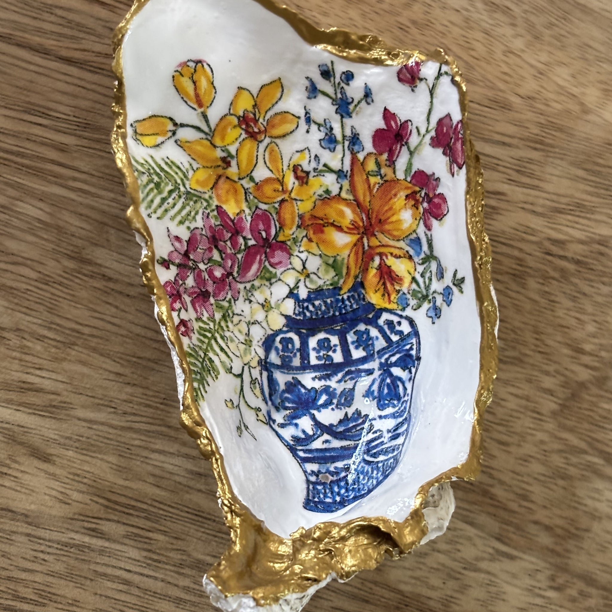 Decoupaged Oyster Shell Jewelry/Trinket Dish - Blue Vase with Pink Flower II