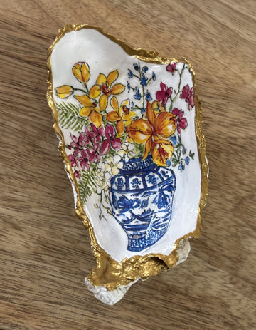 Decoupaged Oyster Shell Jewelry/Trinket Dish - Blue Vase with Pink Flower II
