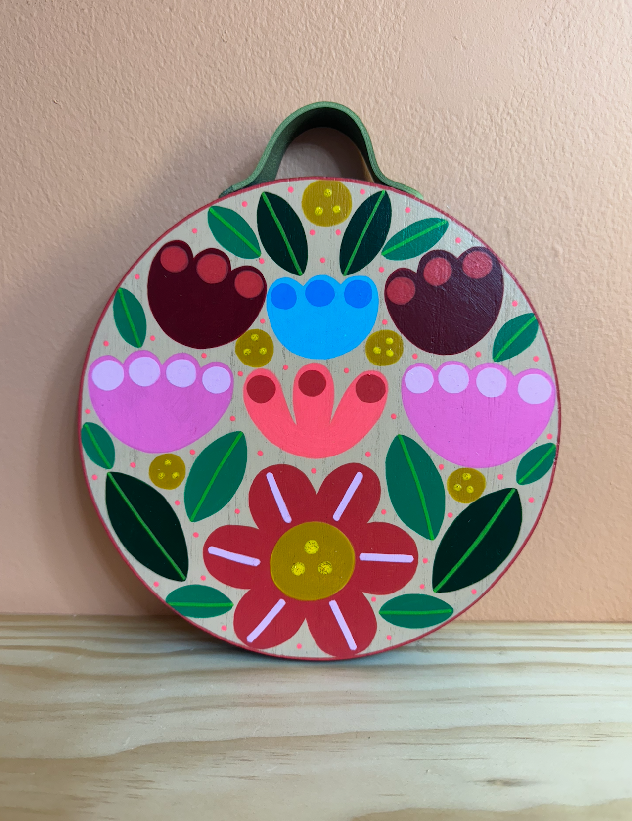 Floral 2 Wooden Painted Wall Hanging with Strap