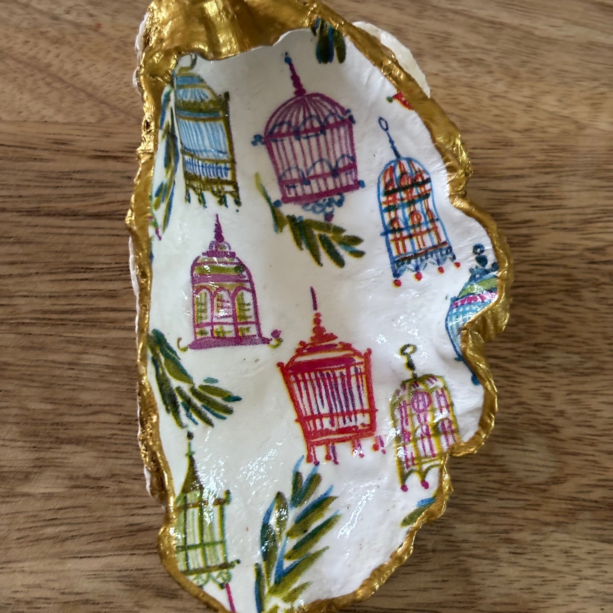 Decoupaged Oyster Shell Jewelry/Trinket Dish - Chinoiserie Bird Cages