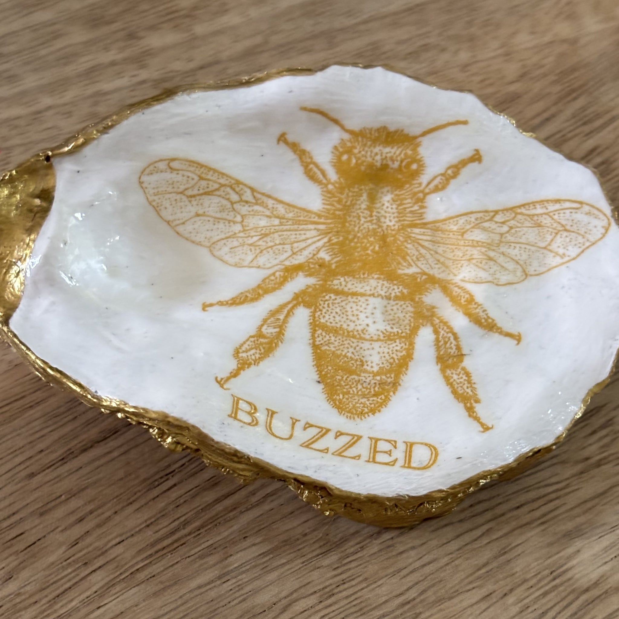 Decoupaged Oyster Shell Jewelry/Trinket Dish - "Buzzed"