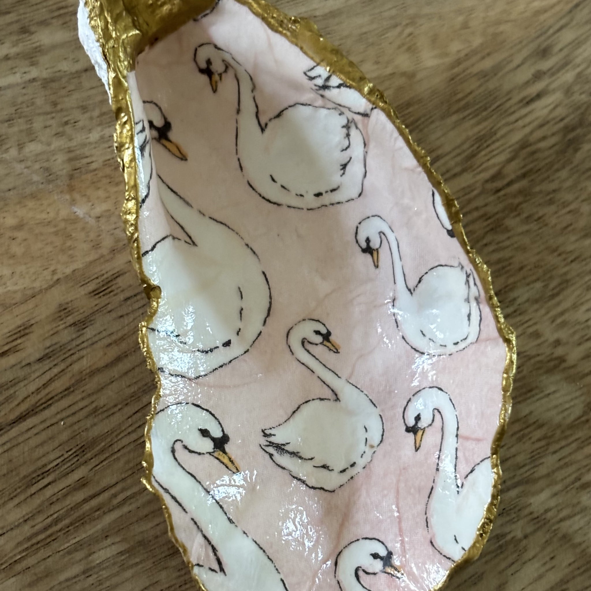 Decoupaged Oyster Shell Jewelry/Trinket Dish - Swans