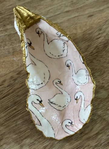 Decoupaged Oyster Shell Jewelry/Trinket Dish - Swans