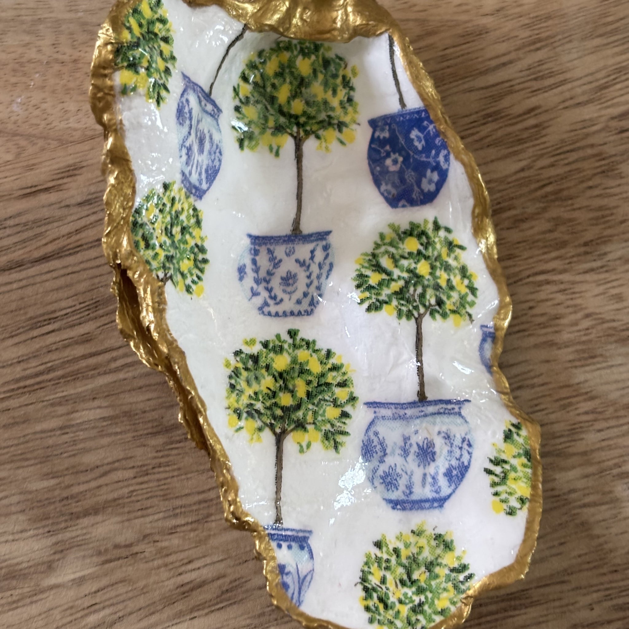 Decoupaged Oyster Shell Jewelry/Trinket Dish - Blue & Green Topiaries