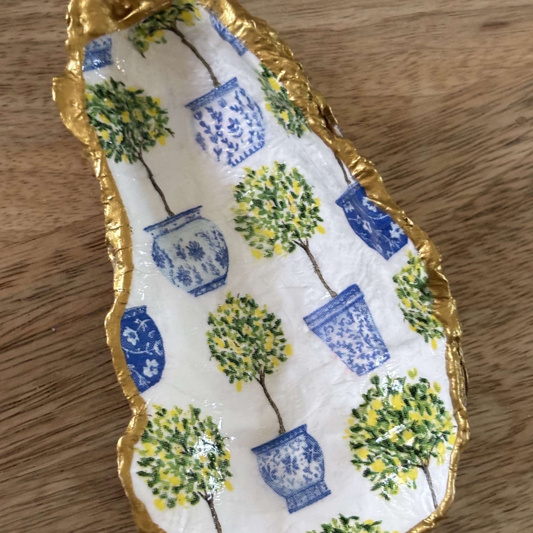 Decoupaged Oyster Shell Jewelry/Trinket Dish - Blue & Green Topiaries II