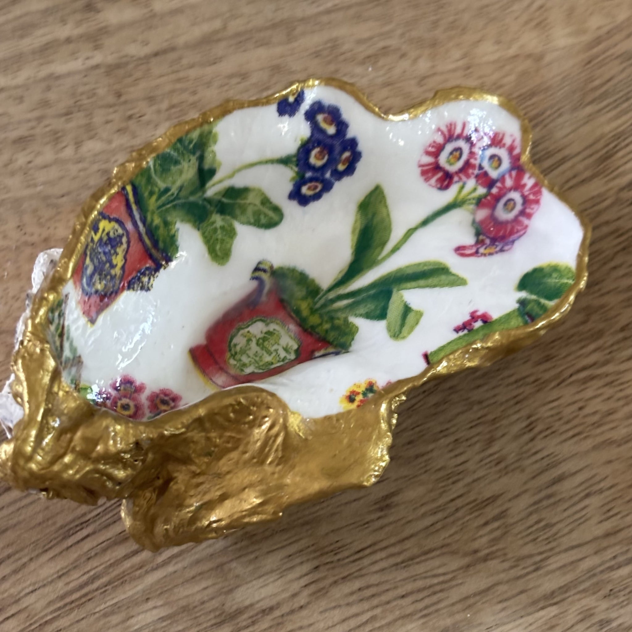 Decoupaged Oyster Shell Jewelry/Trinket Dish - Flowers in Pots