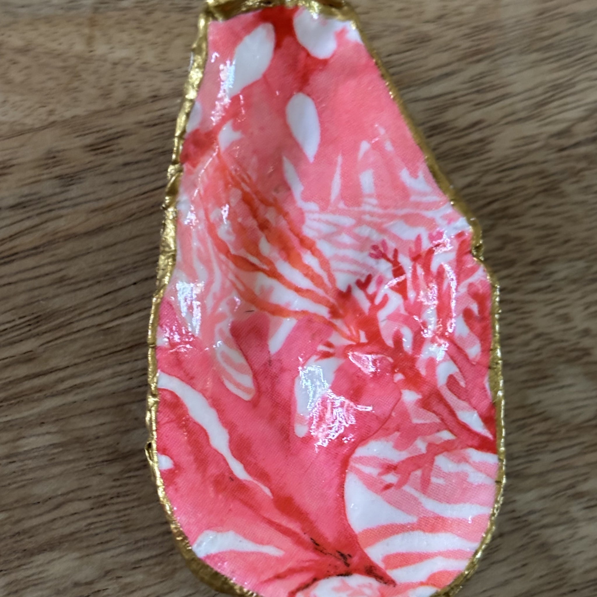 Decoupaged Oyster Shell Jewelry/Trinket Dish - Pink Coral