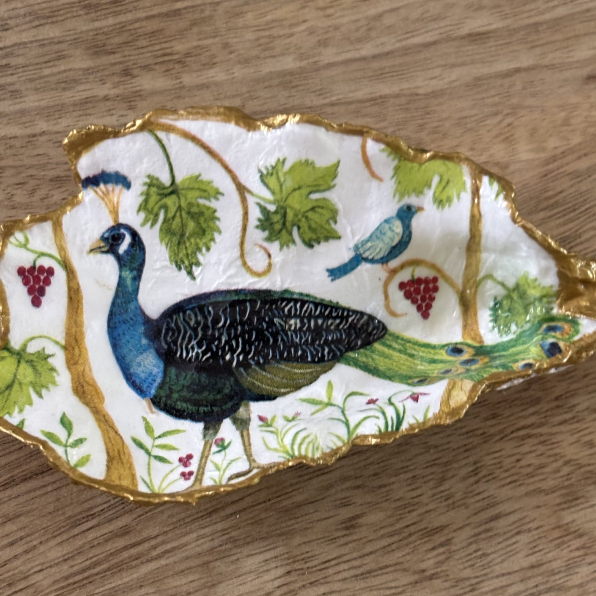 Decoupaged Oyster Shell Jewelry/Trinket Dish - Peacock