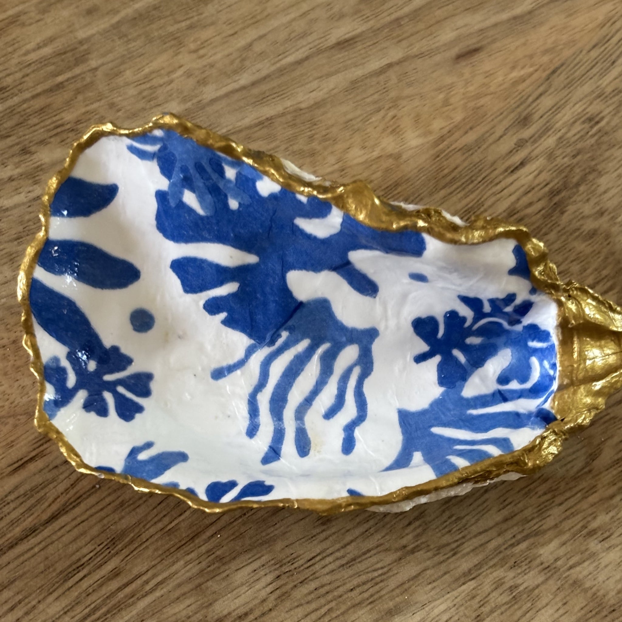 Decoupaged Oyster Shell Jewelry/Trinket Dish - Blue Coral
