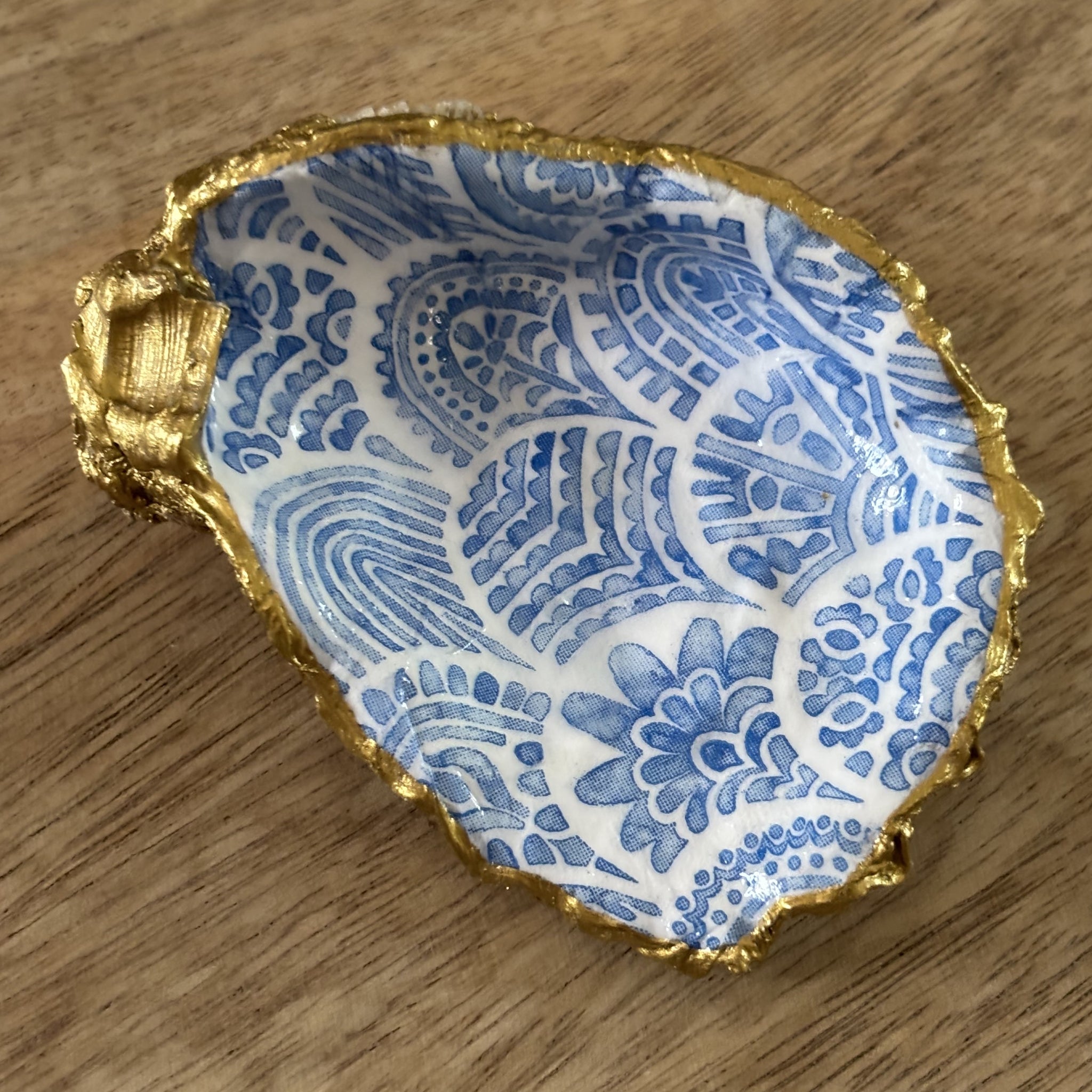 Decoupaged Oyster Shell Jewelry/Trinket Dish - Blue and White Pattern