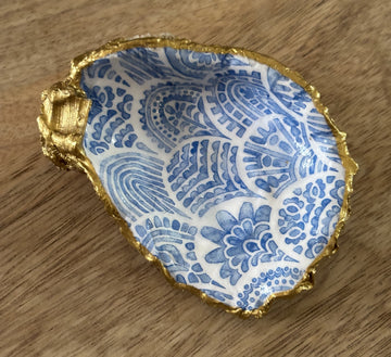 Decoupaged Oyster Shell Jewelry/Trinket Dish - Blue and White Pattern
