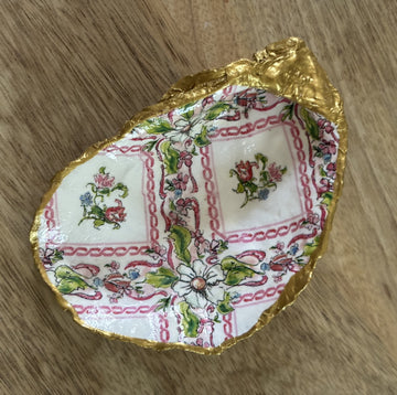 Decoupaged Oyster Shell Jewelry/Trinket Dish - Pink and Green Flowers
