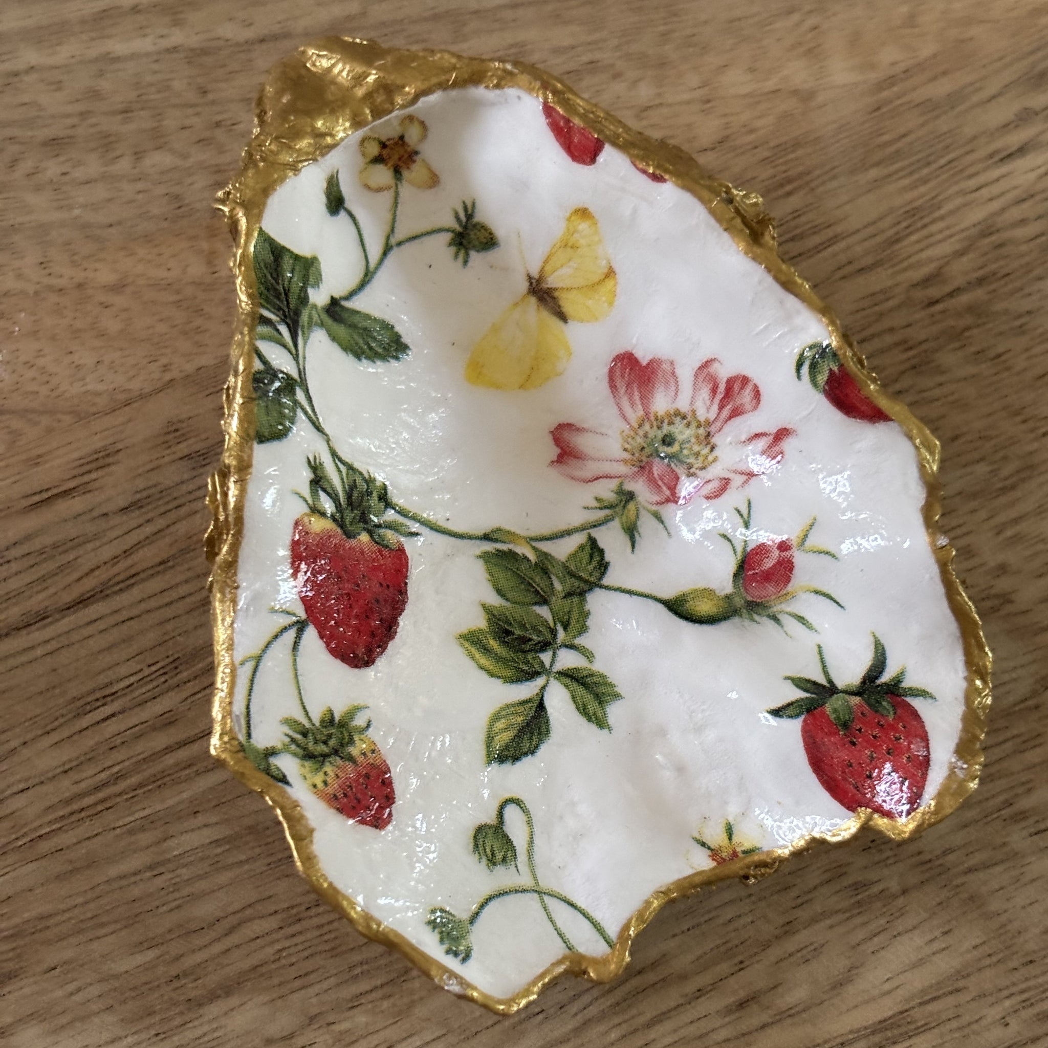Decoupaged Oyster Shell Jewelry/Trinket Dish - Strawberries II