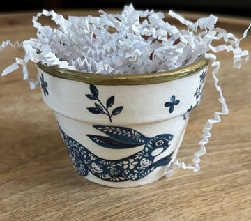 Decoupaged Small Terracotta Pot - Blue Bunnies