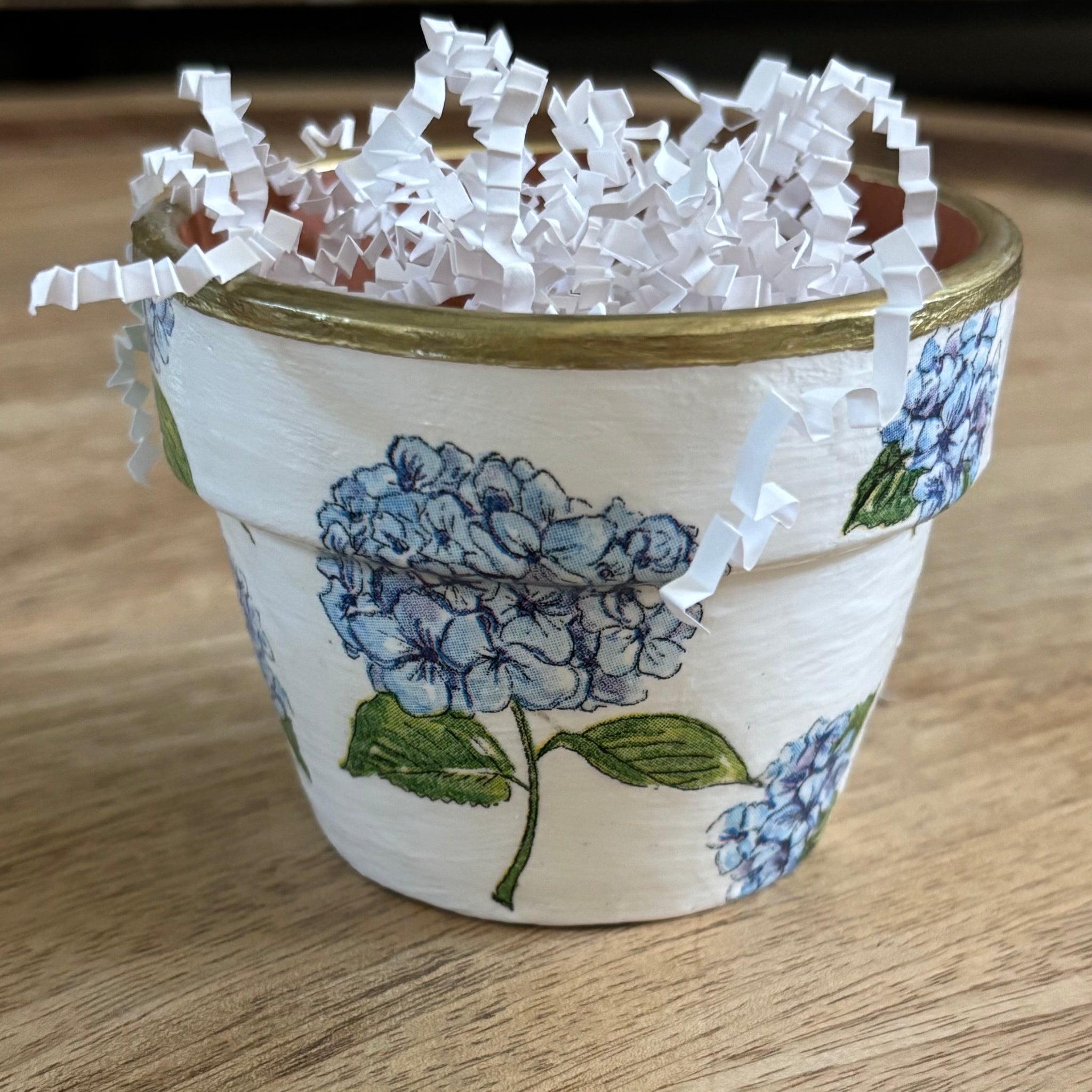 Decoupaged Small Terracotta Pot - Hydrangeas