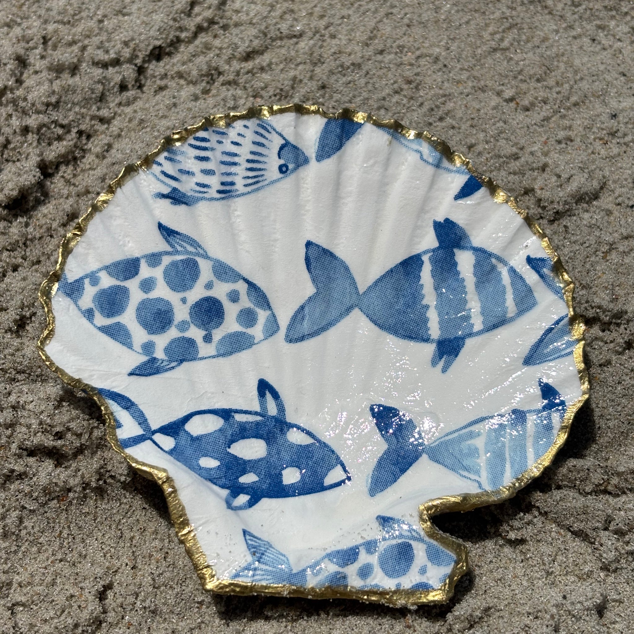 Scallop Shell Trinket/Jewelry Dish - Blue Fish
