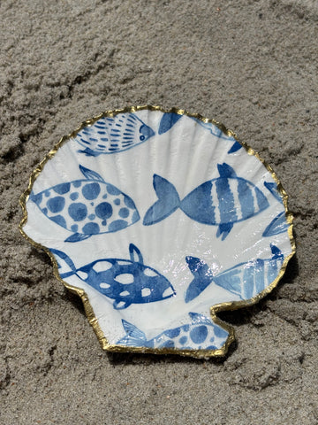 Scallop Shell Trinket/Jewelry Dish - Blue Fish