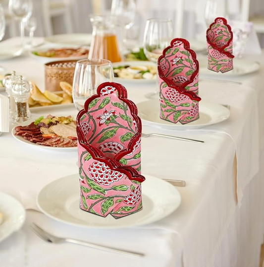 Handcrafted Block Print Napkin with Scalloped Embroidered Edge