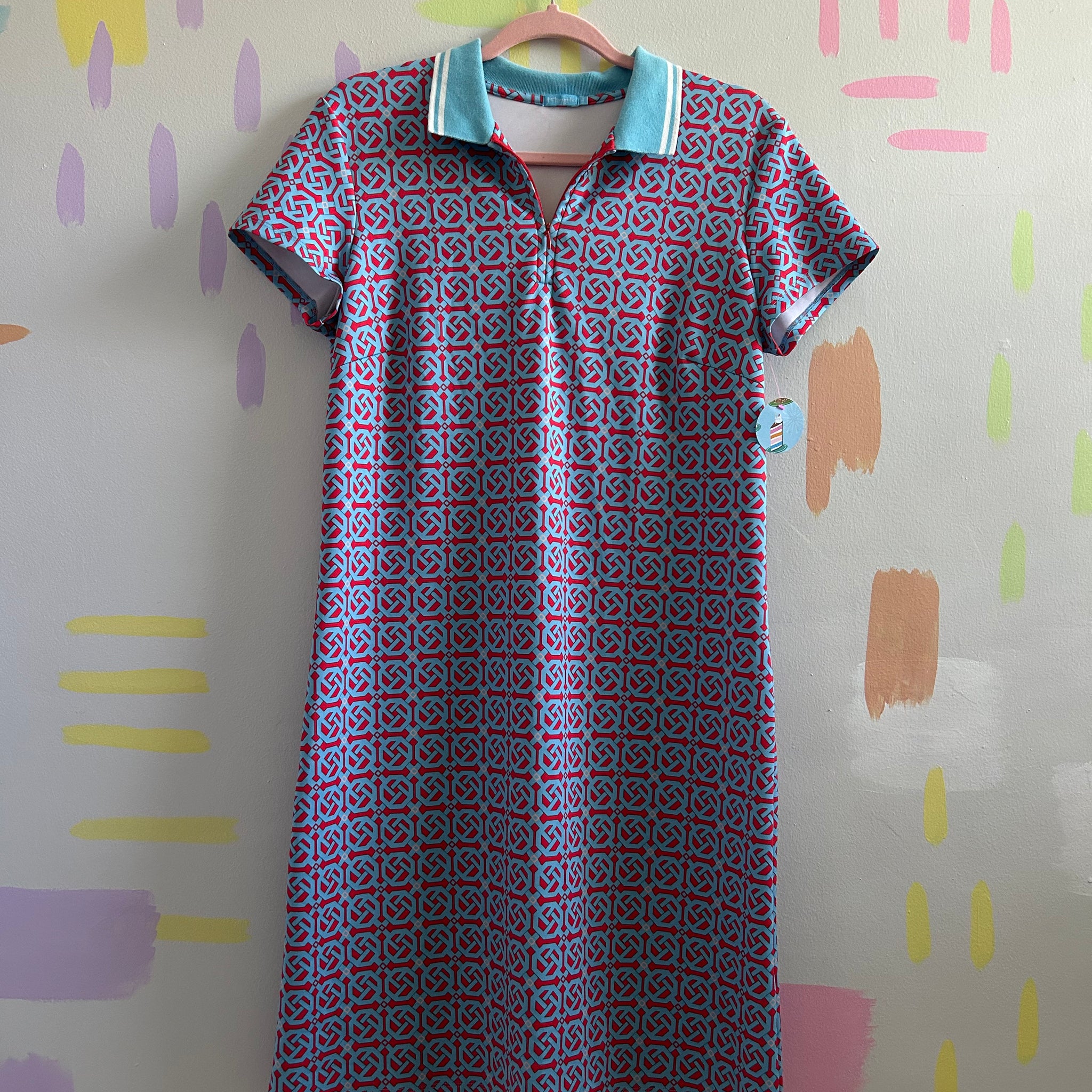 J.McLaughlin Blue and Red Geometric Print Polo Dress - Size Medium