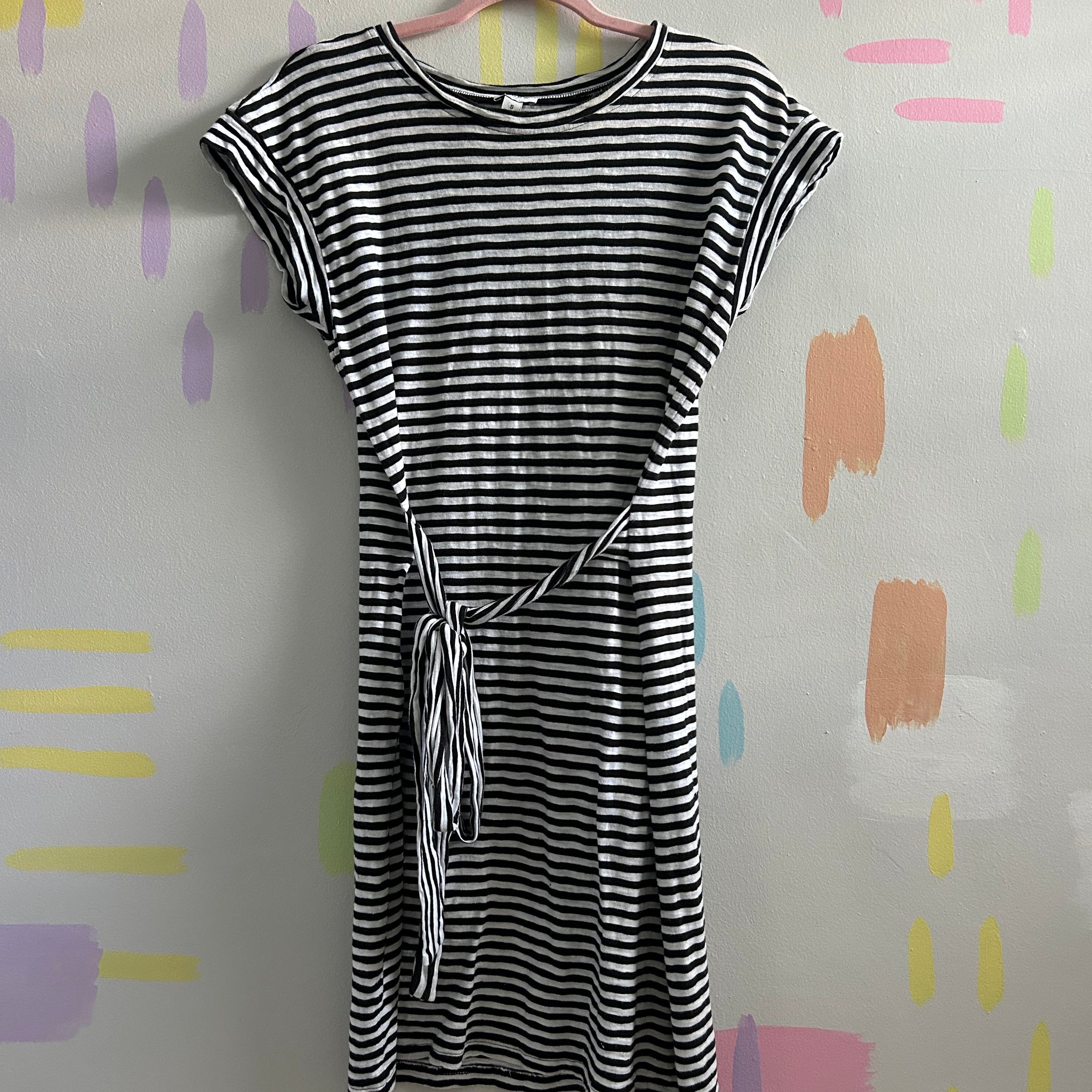 J.Crew Black and White Striped T-Shirt Dress with Tie-Waist - Size Small