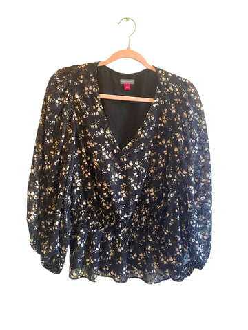 Vince Camuto Black Print Smocked Waist Balloon Sleeve V Neck Blouse-Size-L