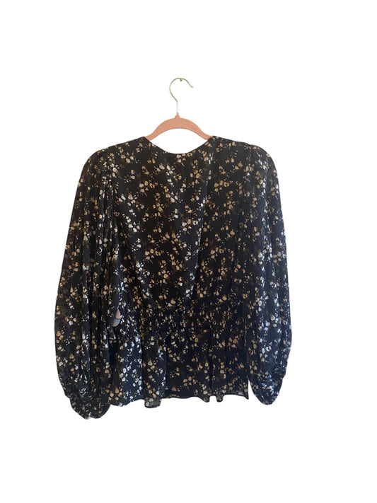 Vince Camuto Black Print Smocked Waist Balloon Sleeve V Neck Blouse-Size-L