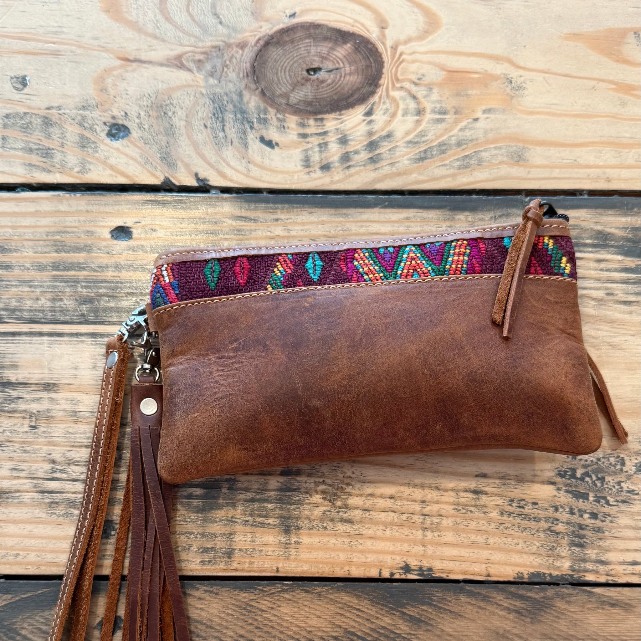 Multi Stitched Artisan Leather Wristlet Clutch