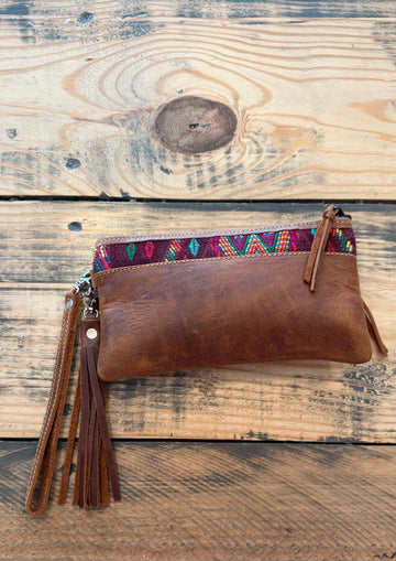 Multi Stitched Artisan Leather Wristlet Clutch