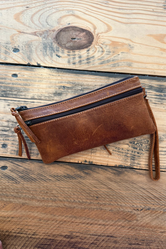 Multi Stitched Artisan Leather Wristlet Clutch