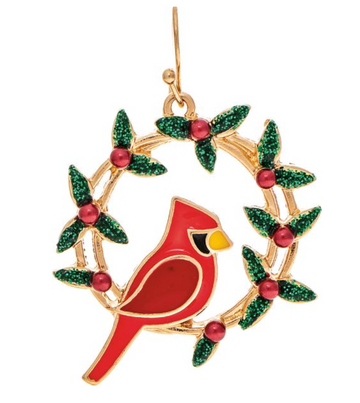 Gold Holly Wreath Perched Cardinal Earring