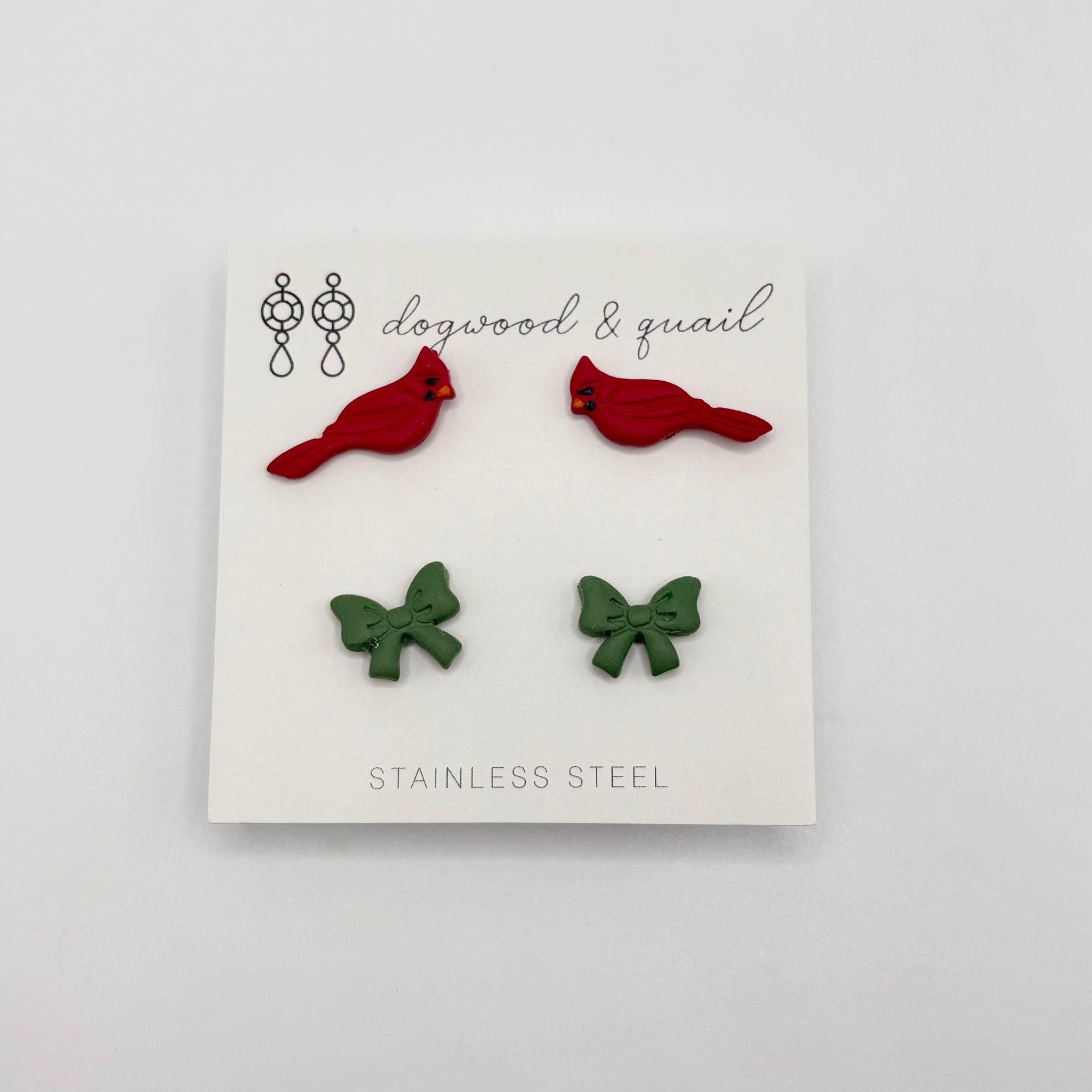 Christmas Cardinal & Bow Polymer Clay Stud Earrings