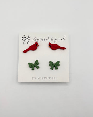 Christmas Cardinal & Bow Polymer Clay Stud Earrings