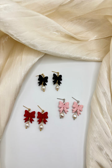 Bow with Pearl Polymer Clay Earrings