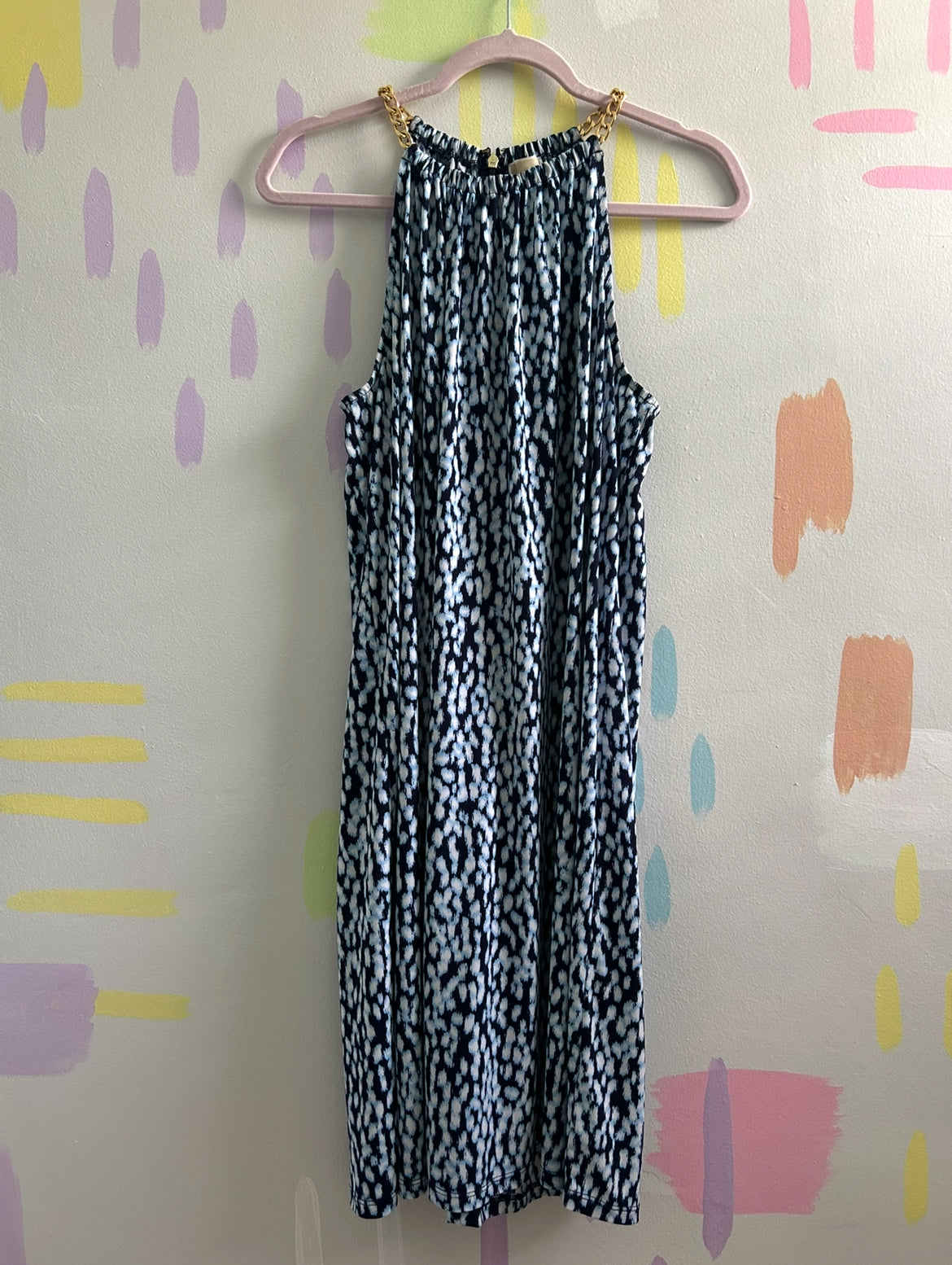 Michael Kors Navy & Light Blue Speckled Print Chain Halter Dress - Size Large