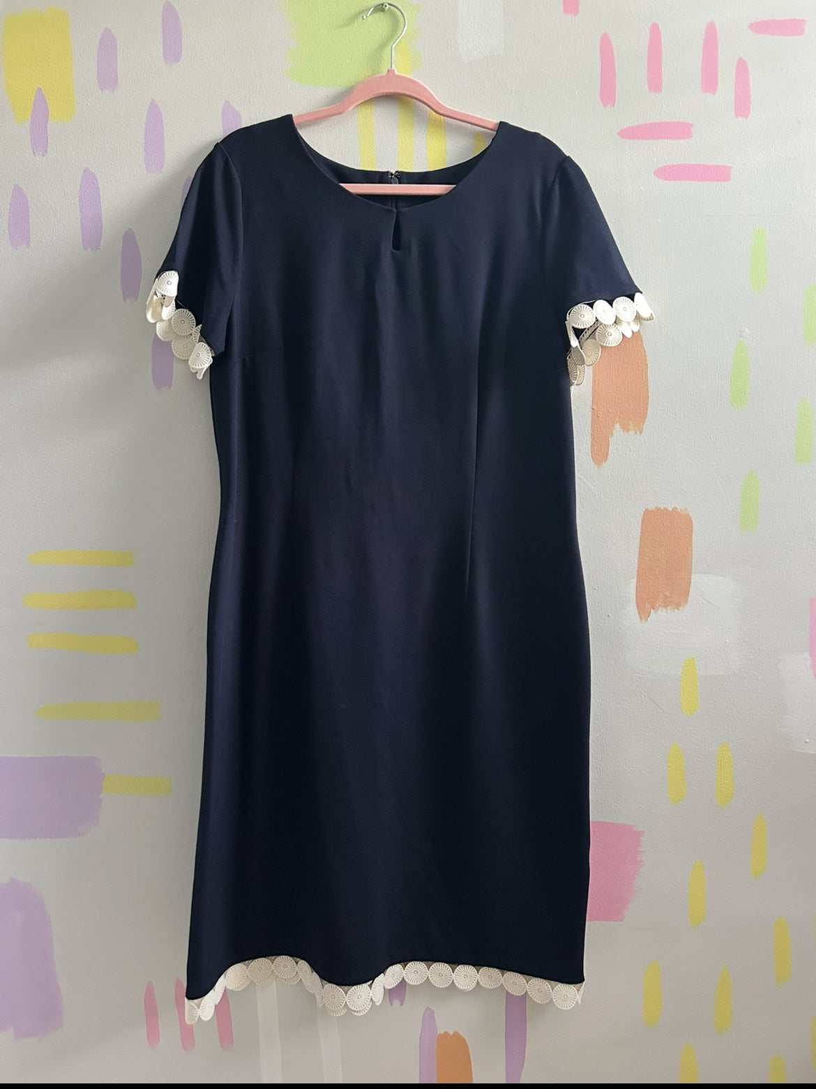 Talbots Navy Blue Dress with Cream Scalloped Trim - Size 14