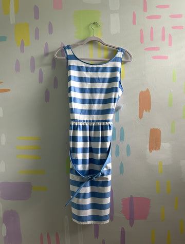 Spense Blue and White Striped Sleeveless Midi Dress with Tie Waist - Size Large