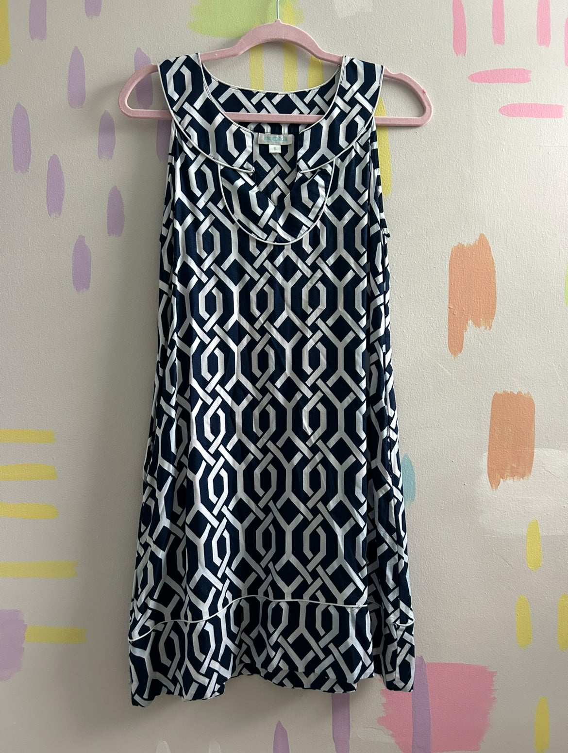 Escapada Navy and White Geometric Print Sleeveless Dress - Size Small
