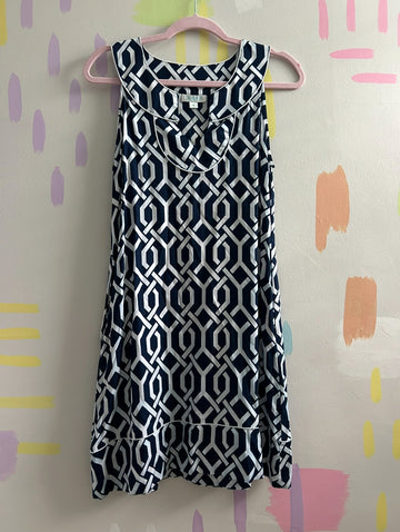 Escapada Navy and White Geometric Print Sleeveless Dress - Size Small