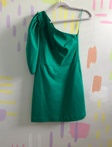 Zara Emerald Green One-Shoulder Puff Sleeve Mini Dress - Size Medium