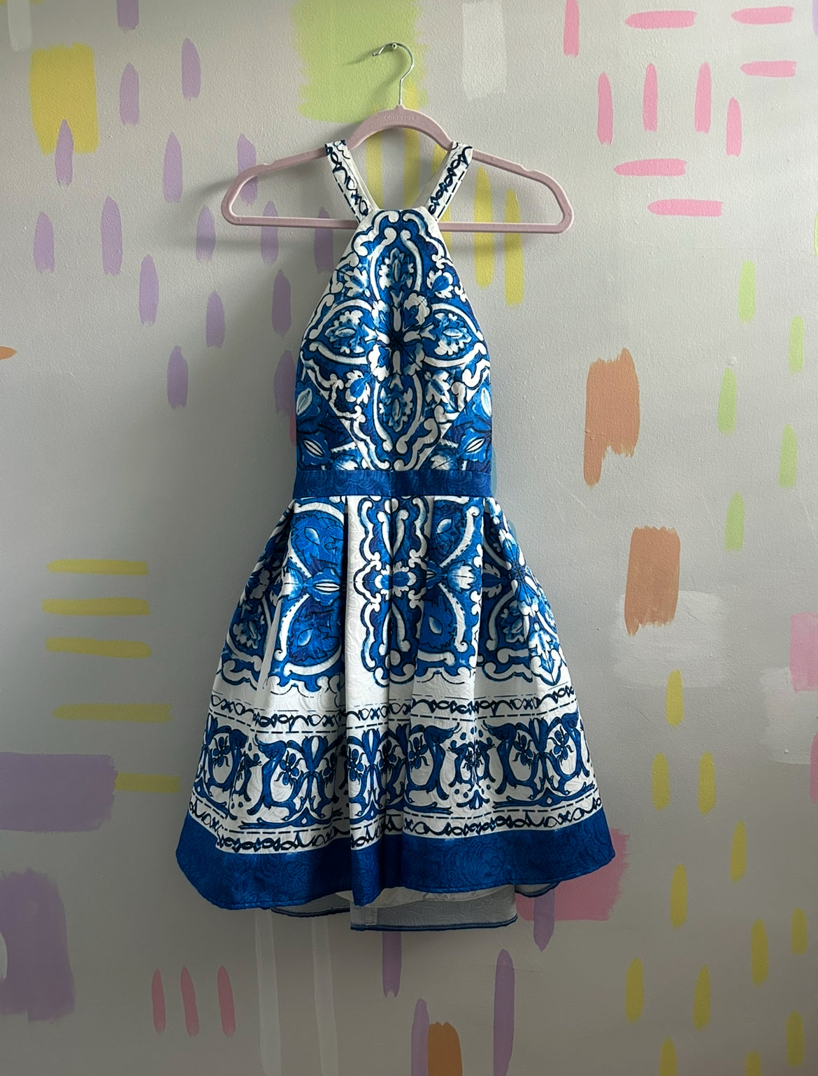 Camille La Vie Blue and White Mediterranean Print Halter Dress - Size 2