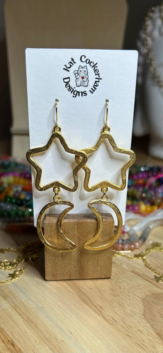 Gold plate star and moon earrings