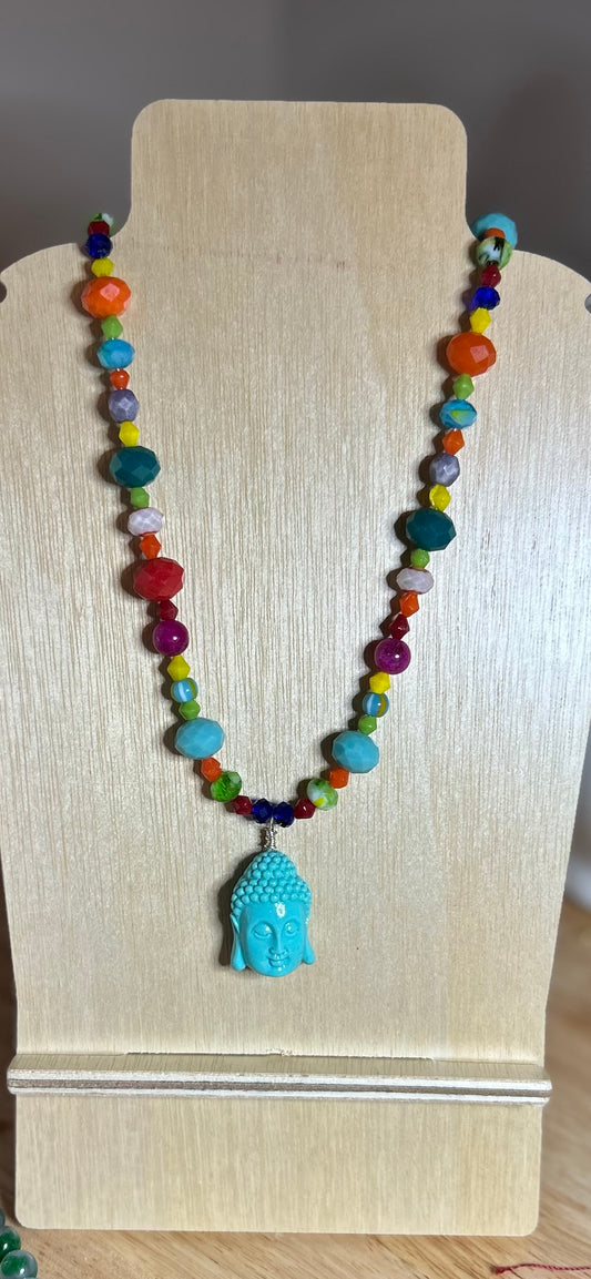 Multi bright color buddha head necklace