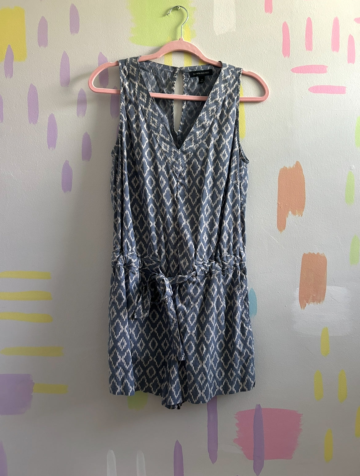Banana Republic Blue and White Ikat Print Sleeveless Romper - Size 2