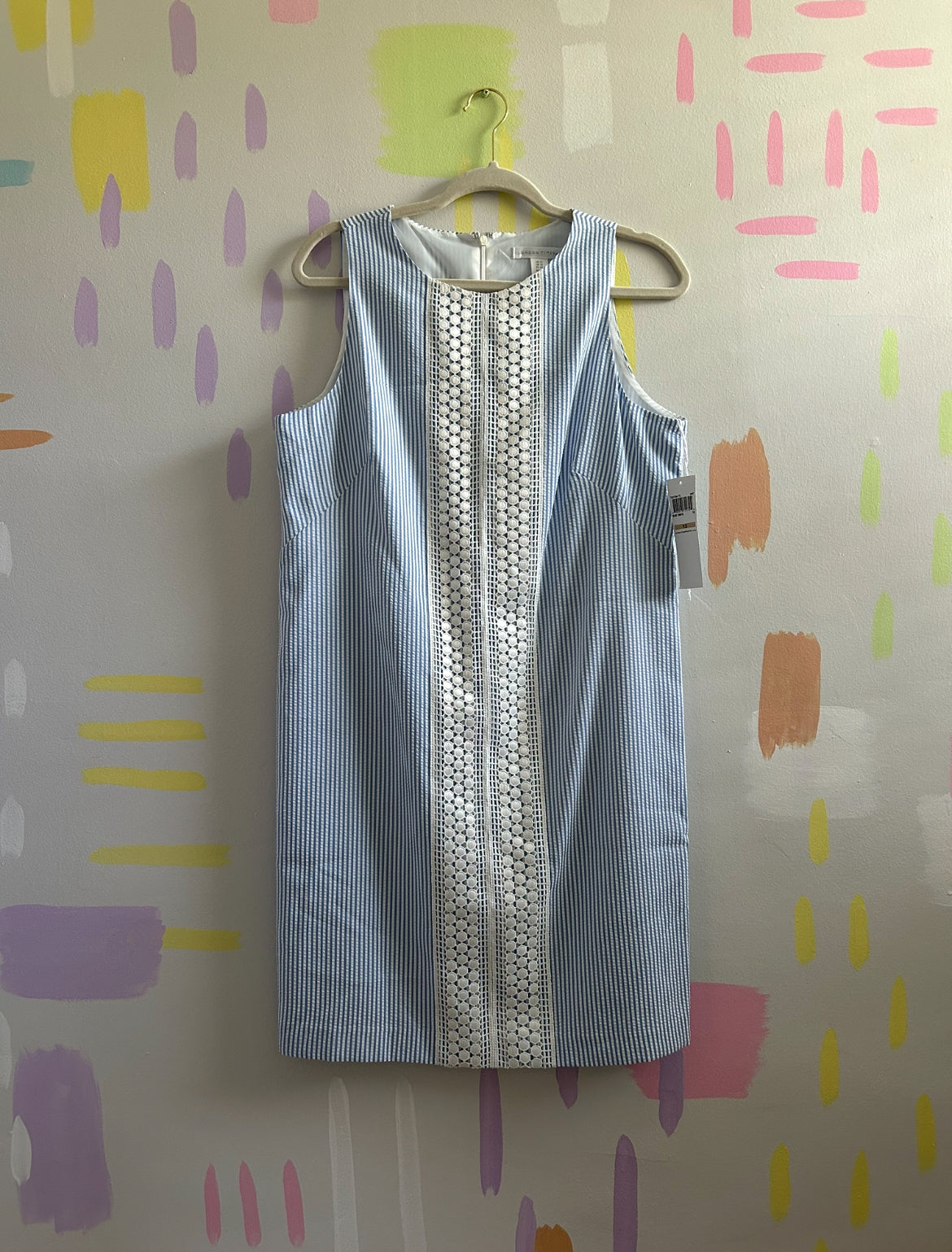 London Times Blue Seersucker Stripe & Crochet Trim Shift Dress - Size 12