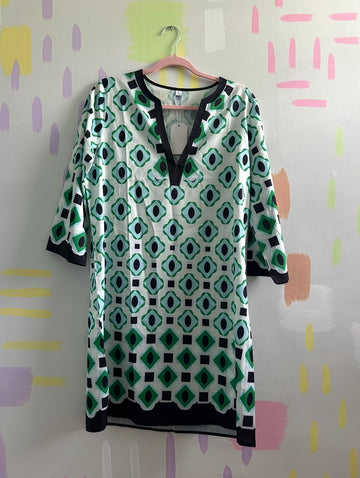 White, Green, and Black Geometric Print Tunic Dress - Size Large